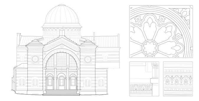 The detailed 2D drawing of a brick building in preparation for the restoration of the object, when authentic details are restored: masonry, moldings, etc. decoration elements.