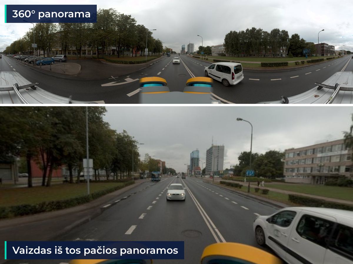 Gatvių panoramos 360°: visa panorama ir vaizdas iš jos, užfiksuoti mobiliojo skenavimo sistema
