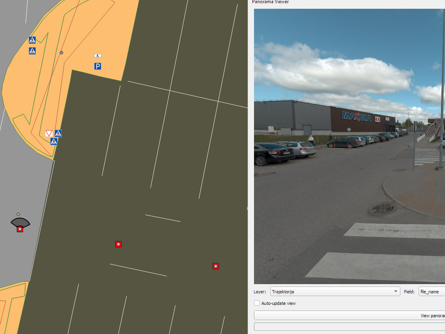 360° gatvės panorama, atverta QGIS žemėlapyje
