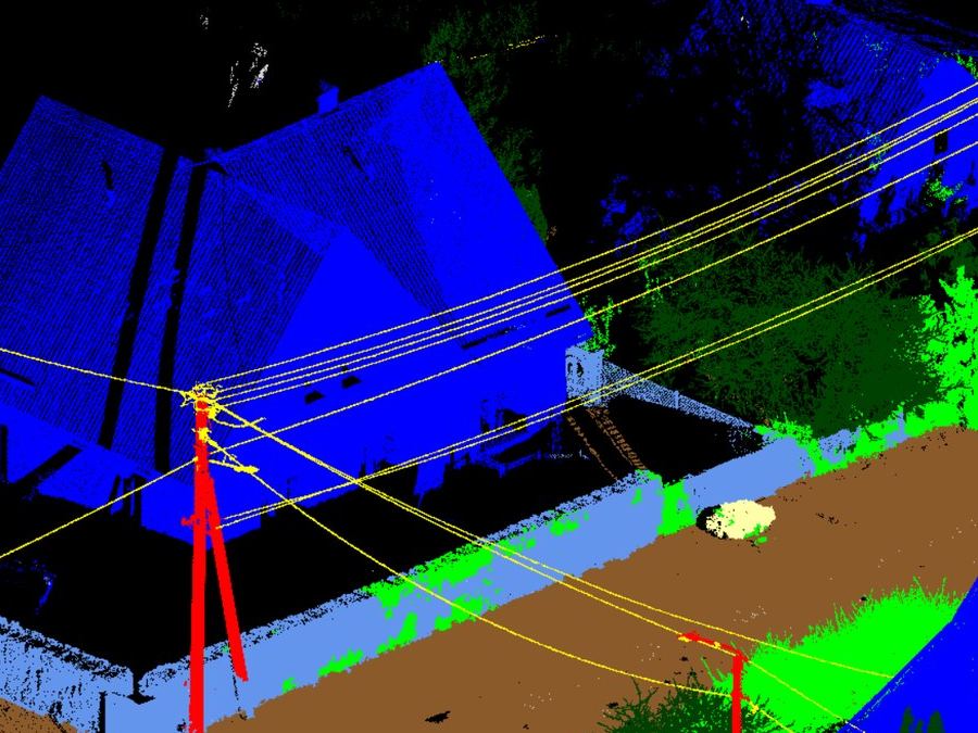 Apšvietimo stulpai ir laidai klasifikuotame LiDAR taškų debesyje