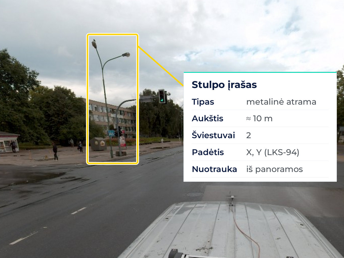 Apšvietimo stulpų inventorizacija: stulpas panoramoje ir jo įrašas duomenų bazėje