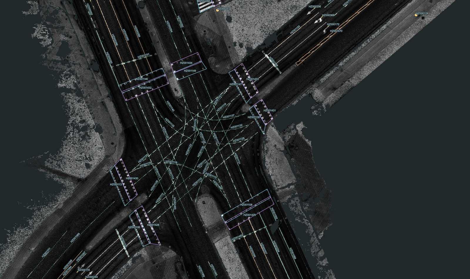 Vektorizuotas horizontalusis ženklinimas ant LiDAR intensyvumo rastro – visa sankryža