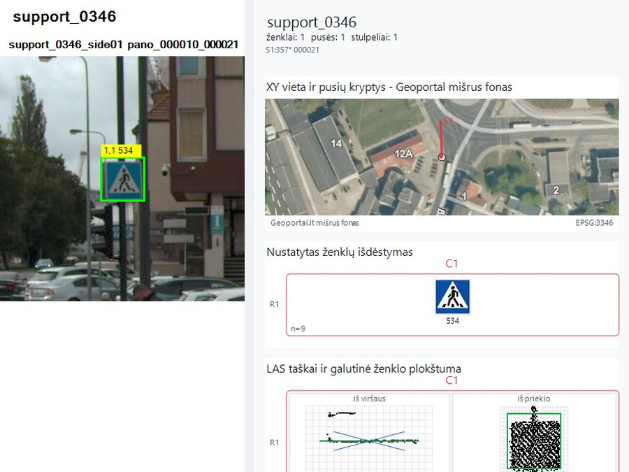 Kelio ženklo kortelė: nuotrauka, padėtis, ženklų išdėstymas atramoje ir LiDAR taškai