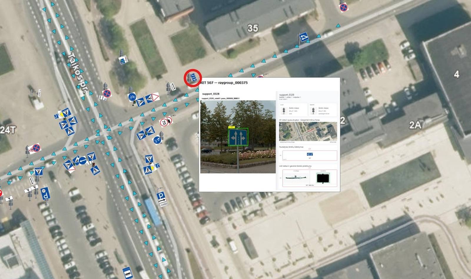 Kelio ženklų duomenų bazė žemėlapyje su važiavimo trajektorija ir ženklo kortele