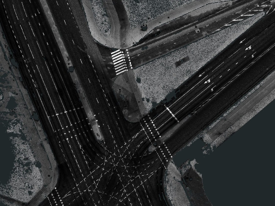 LiDAR intensyvumo žemėlapis su kelio ženklinimu