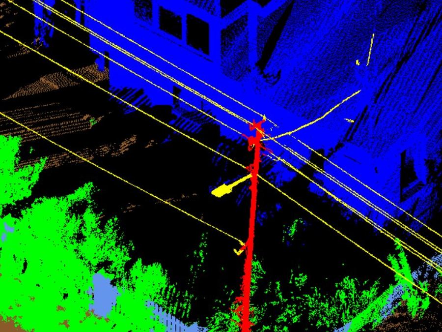 Stulpai ir laidai klasifikuotame LiDAR taškų debesyje