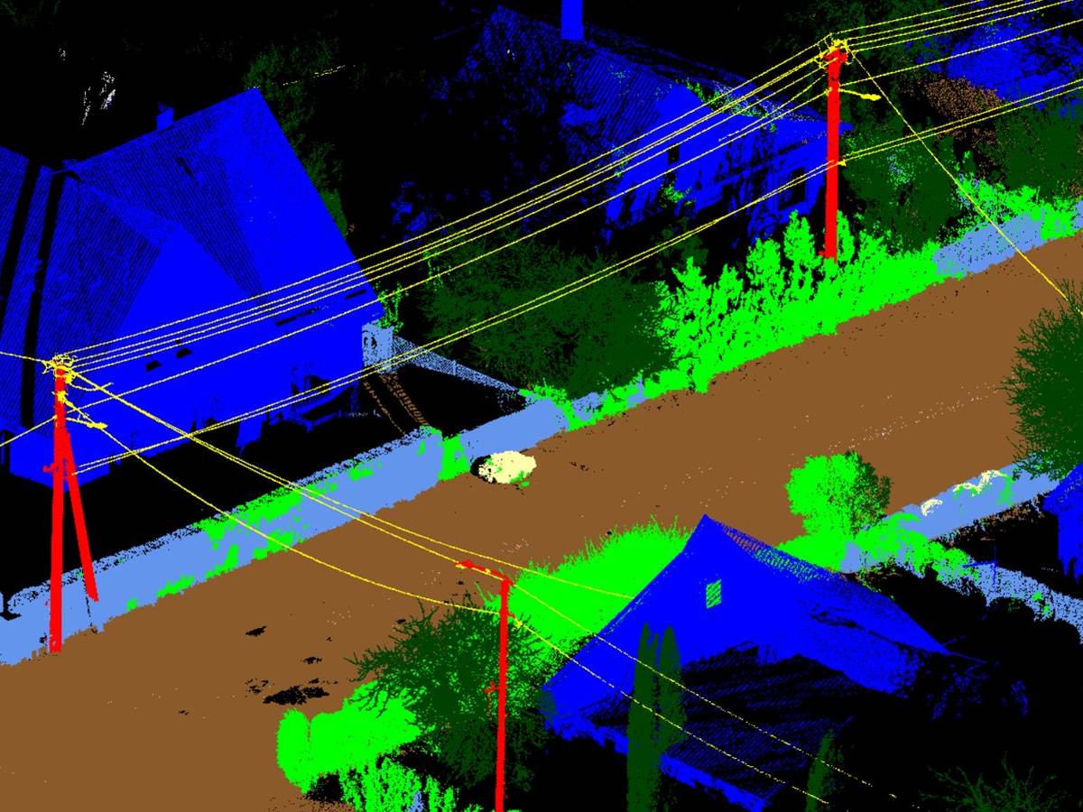 Klasifikuotas LiDAR taškų debesis: pastatai, augmenija, danga, stulpai ir laidai