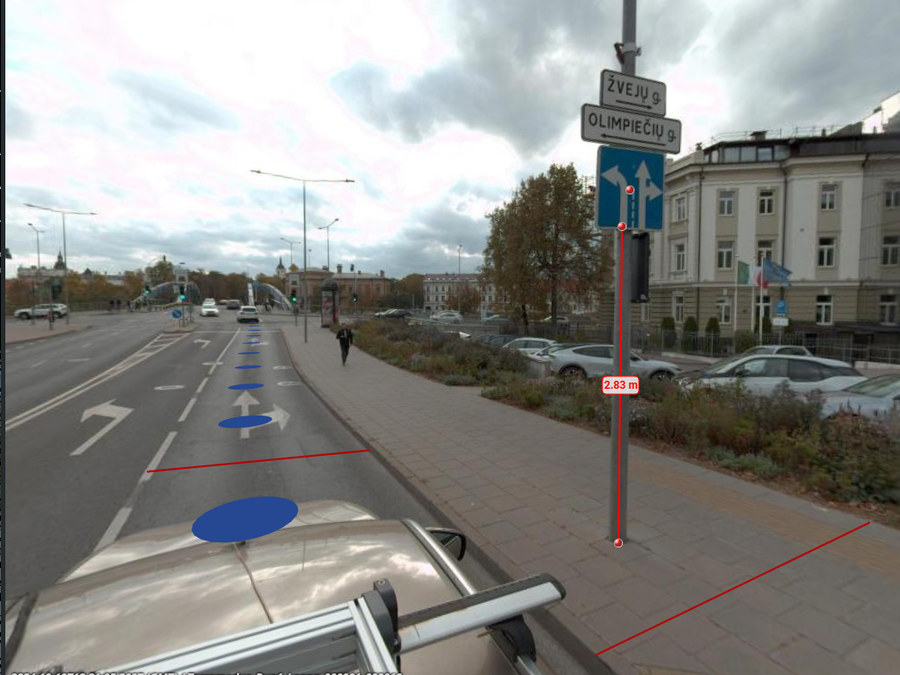 Ženklo atramos aukščio matavimas 360° panoramoje su LiDAR duomenimis